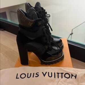 Louis Vuitton Black and Brown Monogram High-Heel Lace-Up Boots